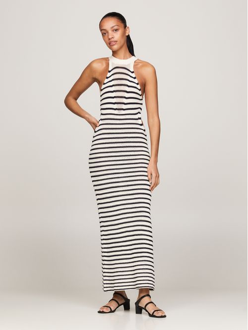 Vestido midi de punto croché con rayas